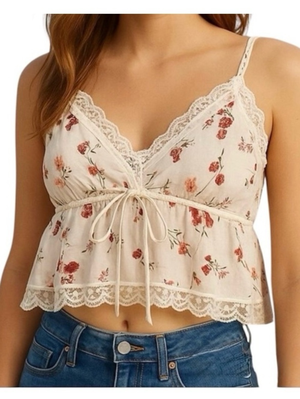 American Eagle American Faux Wrap Babydoll Cami Top Floral Lace Trim Size L
